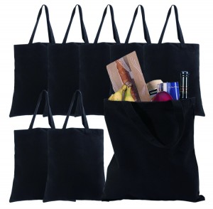 ຖົງ Shopper ສີດໍາທີ່ມີໂລໂກ້ Custom Canvas Shopping Bag ຂາຍສົ່ງ