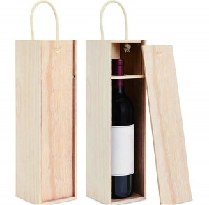 Drewniane pudełko na wino do pakowania pojedynczej butelki. Drewniane pudełko z uchwytem
